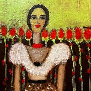 Handmade Floral Woman Painting - Red & Green Home Art